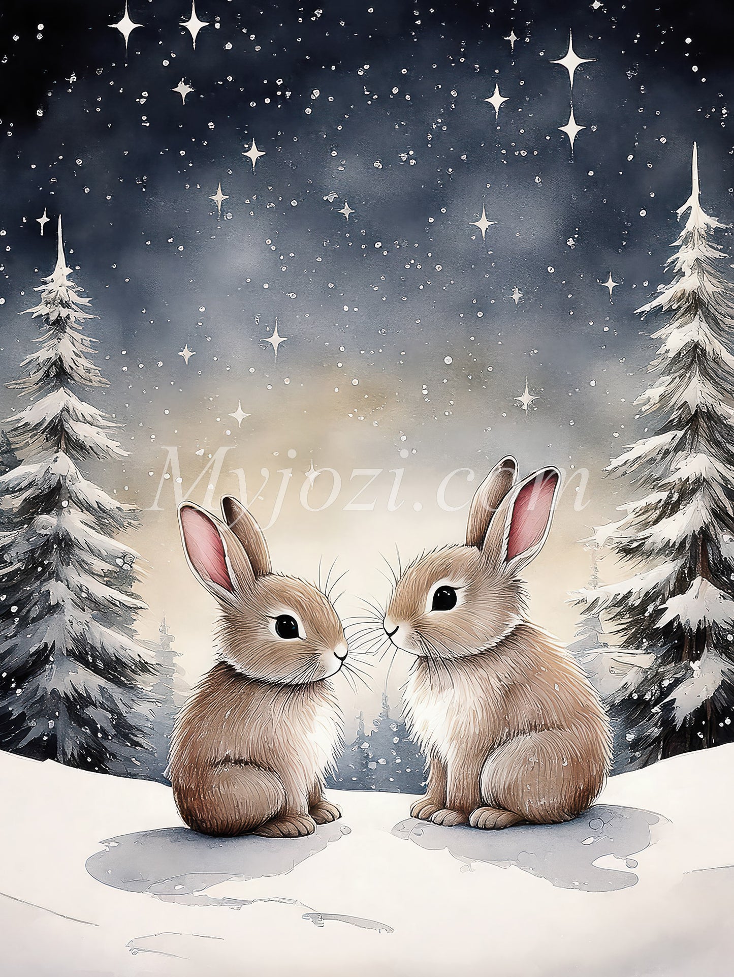 Sedens Lepus - Wintry Children's Poster with Rabbits Under the Stars
