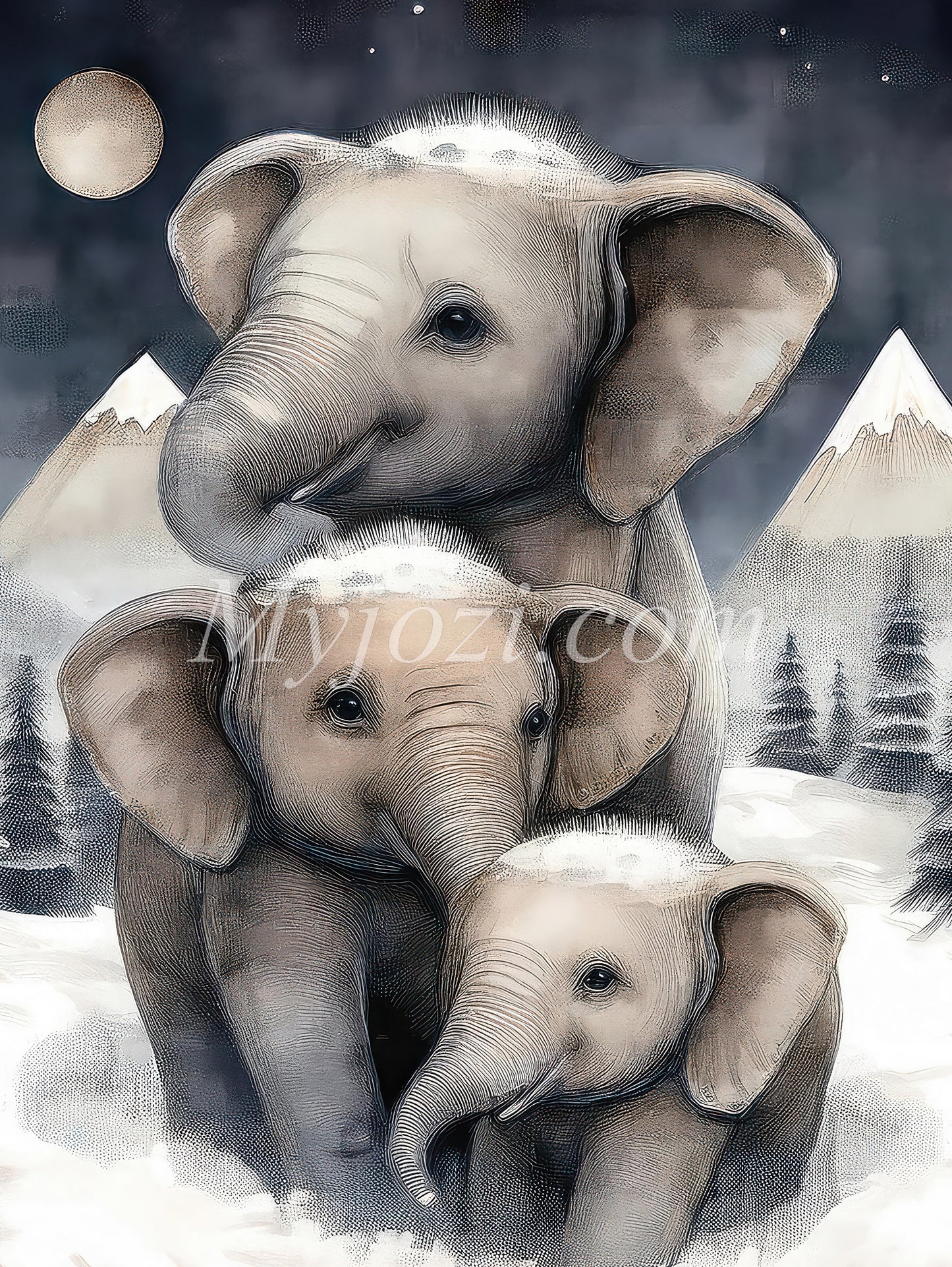 Poster For Children - Elephant Family in Snow