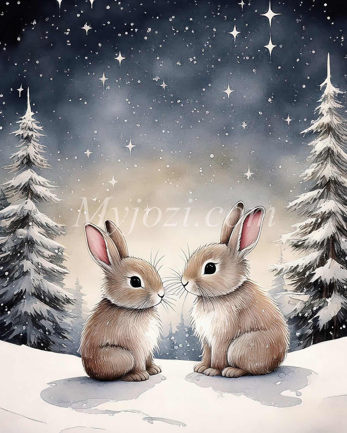 Sedens Lepus - Wintry Children's Poster with Rabbits Under the Stars