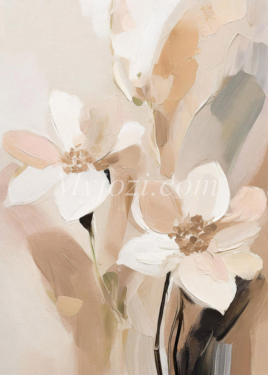 Konstnärlig poster i jordnära toner skapar en varm atmosfär.