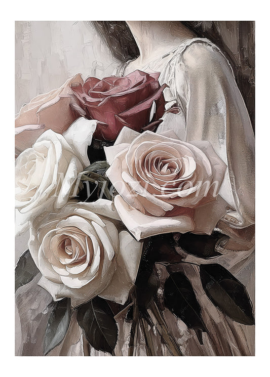 Romantisk poster med kvinna omgiven av rosor i full blom - perfekt för alla rum!