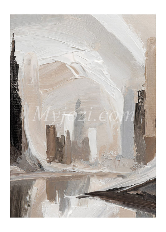 Abstrakt akrylkonst av stadens skepnad i färger och ljus.