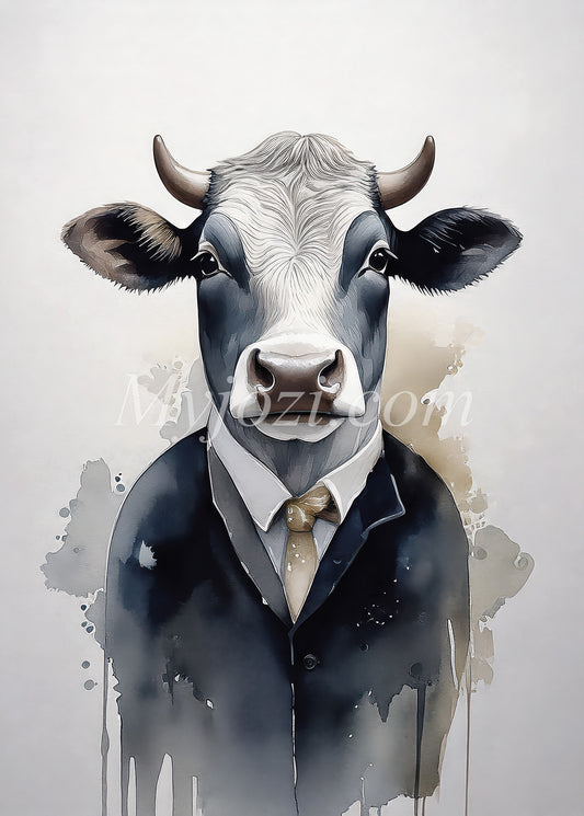 En humoristisk och stilfull poster med en ko i kostym för att lyfta hemmets inredning.