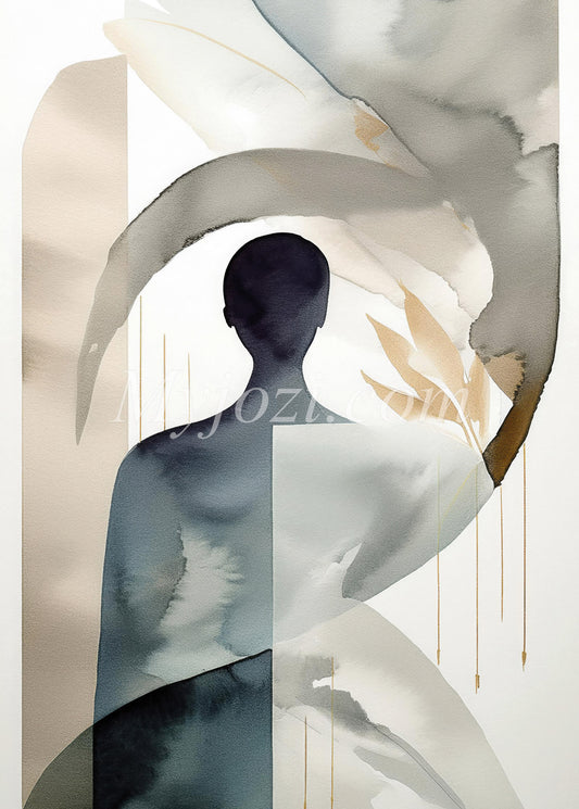 Abstrakt poster med manlig gestalt i blått och turkost, skapar mystisk atmosfär.