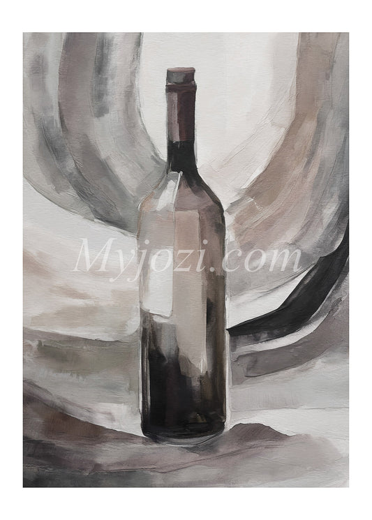 Abstrakt poster med ensam vinflaska i jordnära toner för stil och reflektion.