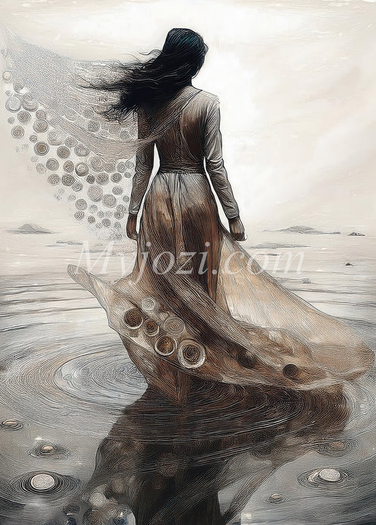 Stilren konstposter med kvinnomotiv vid vatten – en magisk atmosfär för ditt hem.