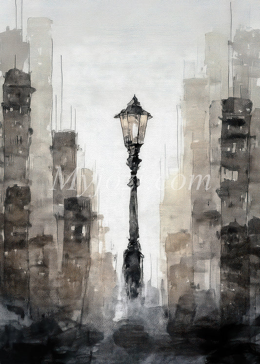 Abstrakt poster skildrar staden i skymningens mörker, perfekt för dramatisk inredning.