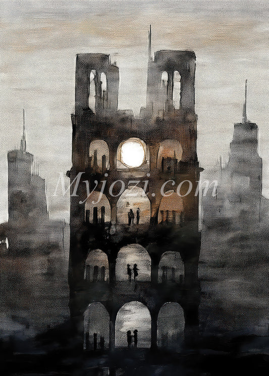 Poster som skildrar staden genom skuggor, skapar en mystisk atmosfär.