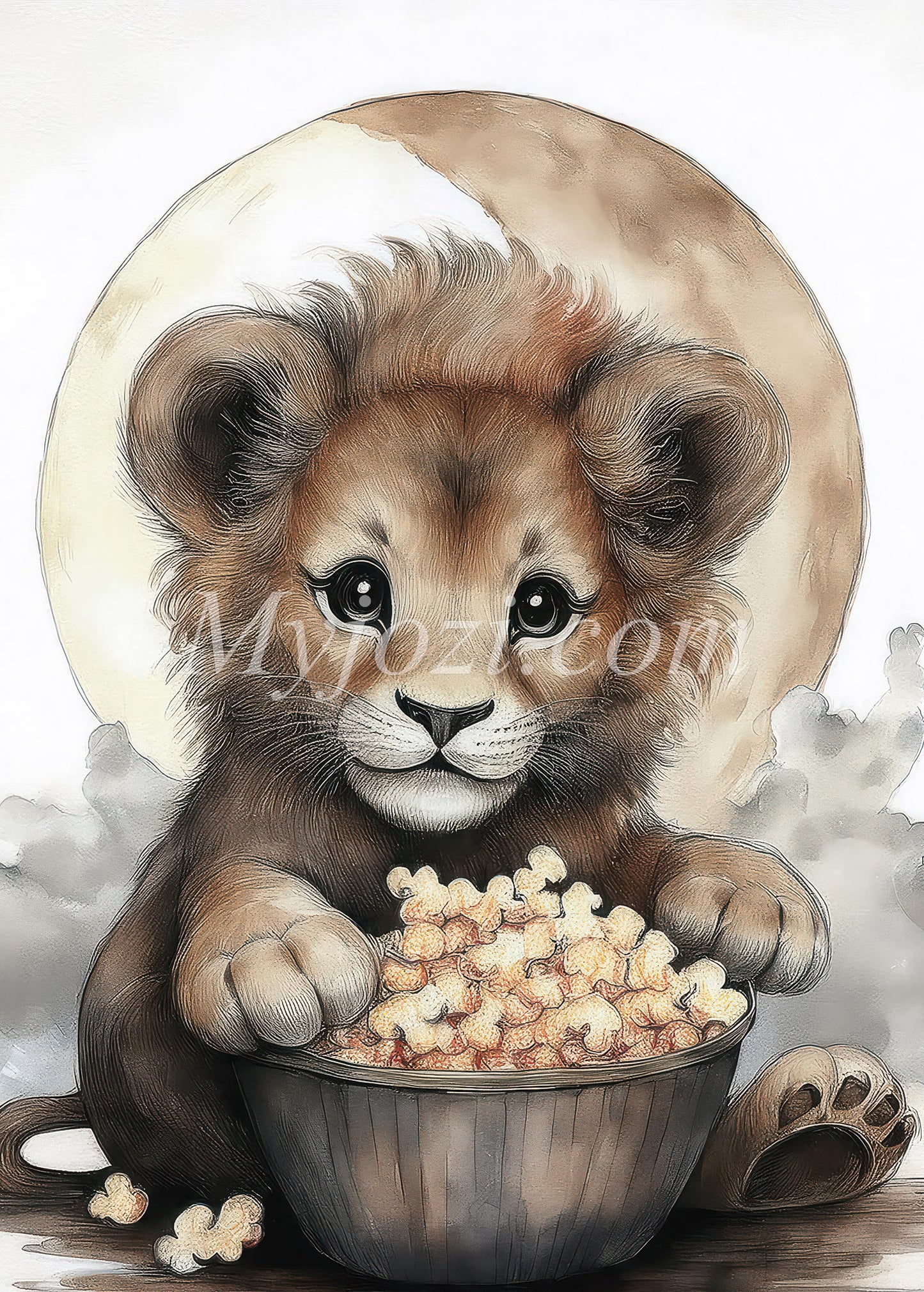 Illustrerad poster med söt lejonunge njutande av popcorn under fullmåne