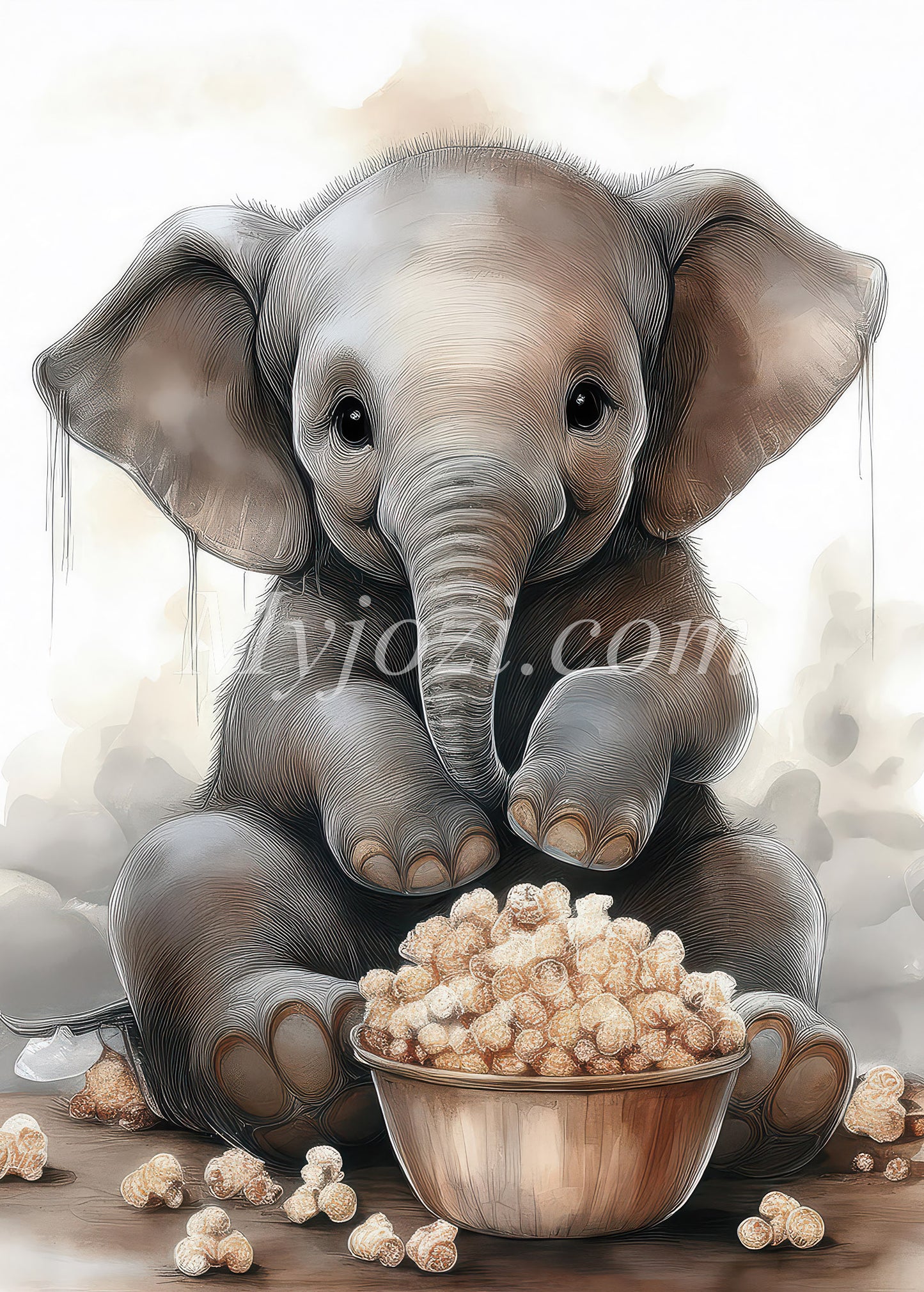 Poster Arista Viggo med en magisk akvarellmålning av en elefant som precis fått sina popcorn, perfek