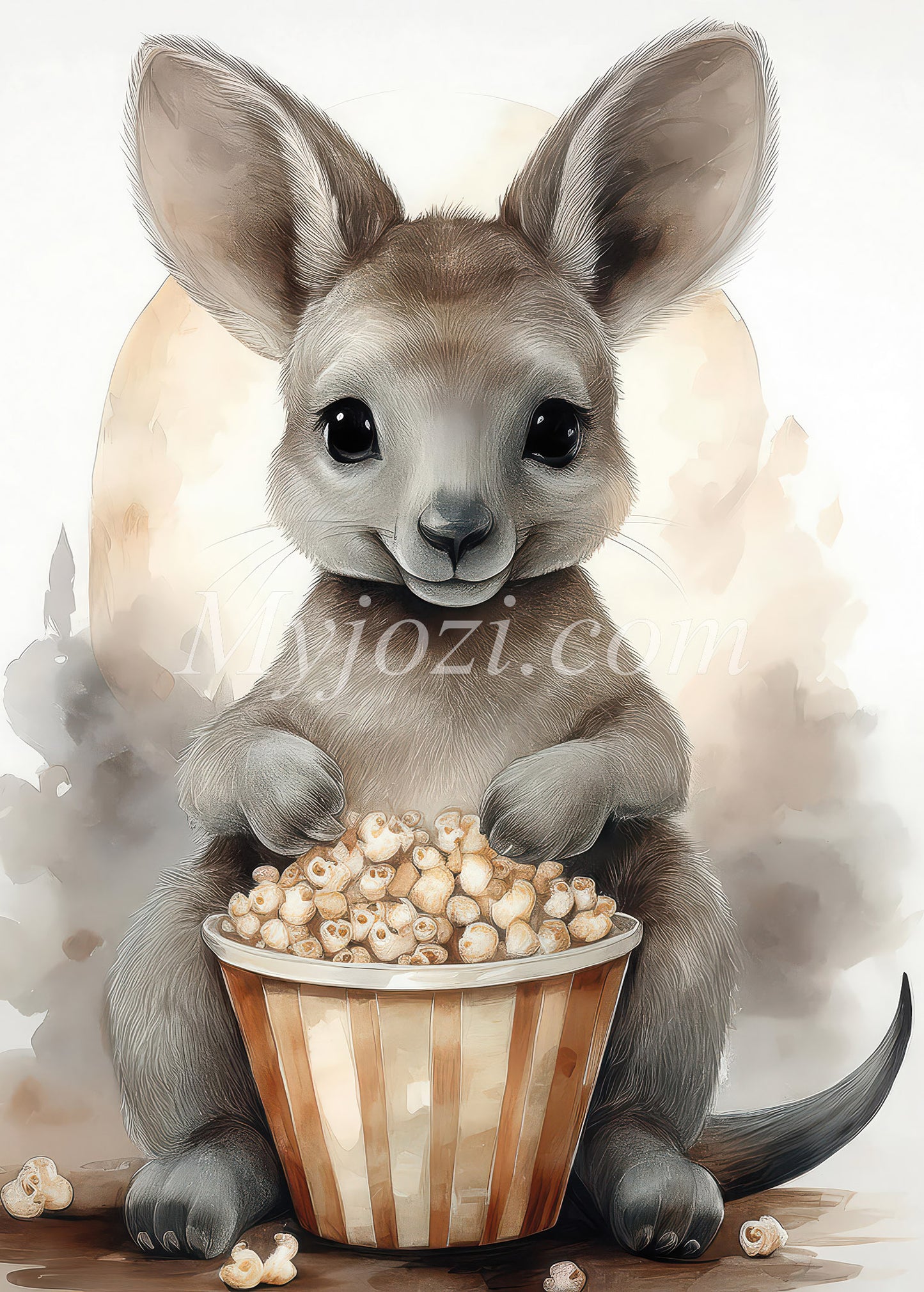 Akvarellposter med lugnande känguru-unge och popcorn, perfekt för barnrummet.