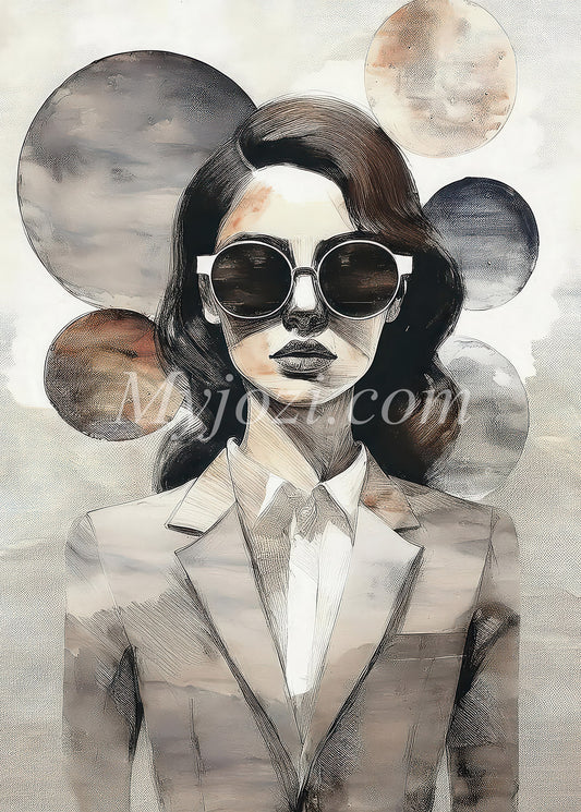 Poster med kvinna i kostym utstrålar självförtroende och elegans, skapar balans mellan kraft och sub