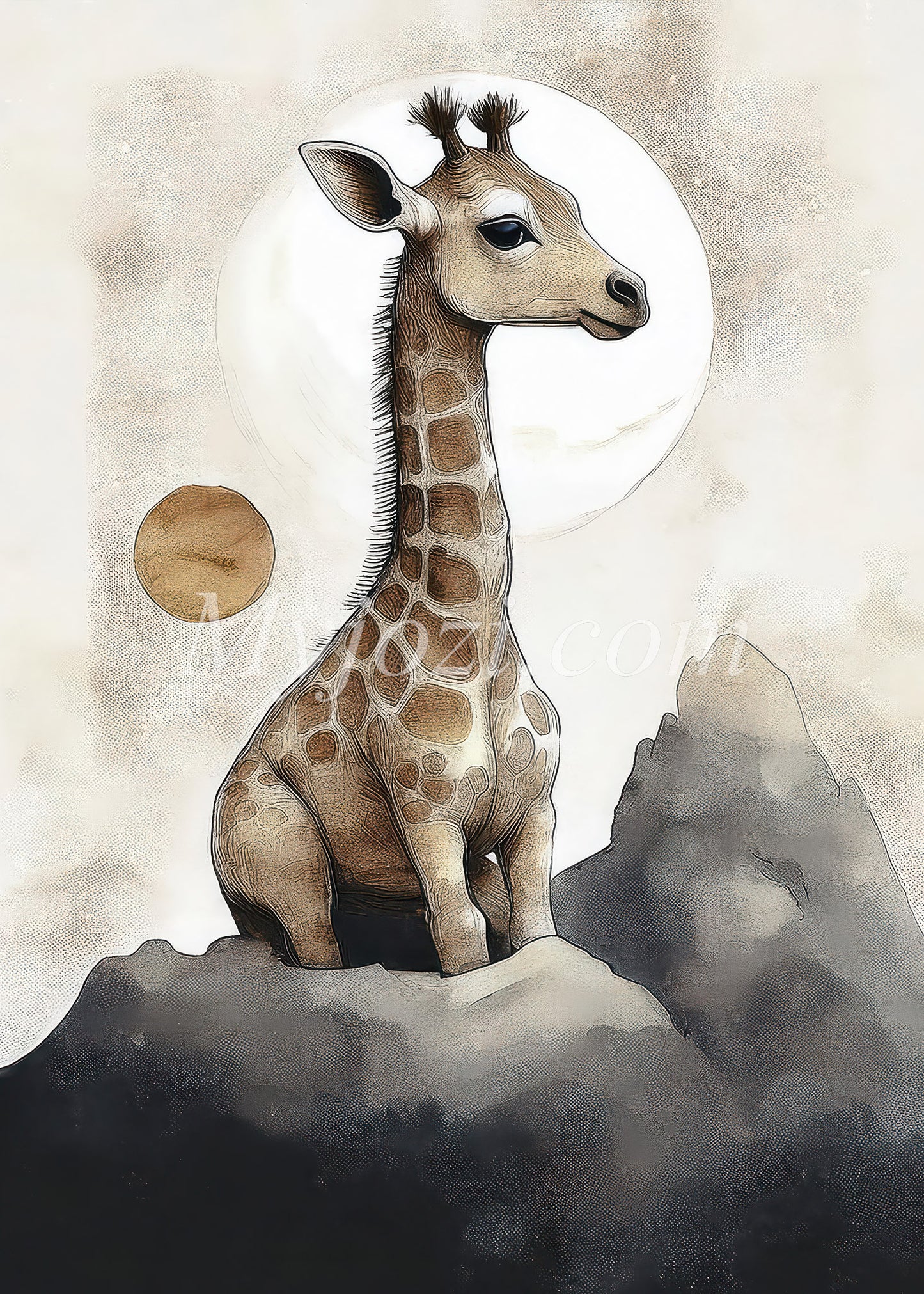 Poster Ducle Owaly - En sagolik illustration av en bedårande giraff i mjuka akvarelltoner, perfekt f