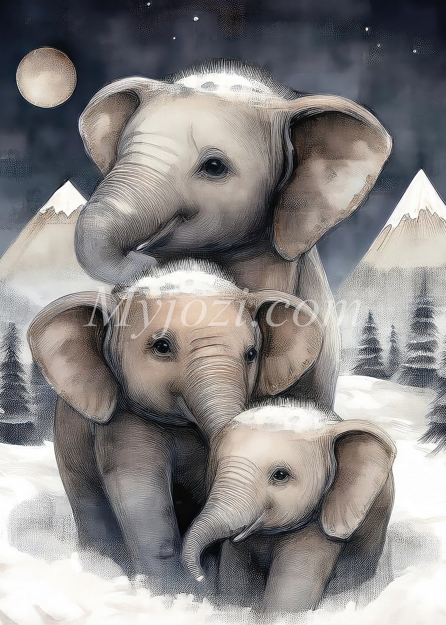 Poster Family Elephant Uno - Lugnande familj av elefanter i vinterlandskap, skandinavisk design, hög