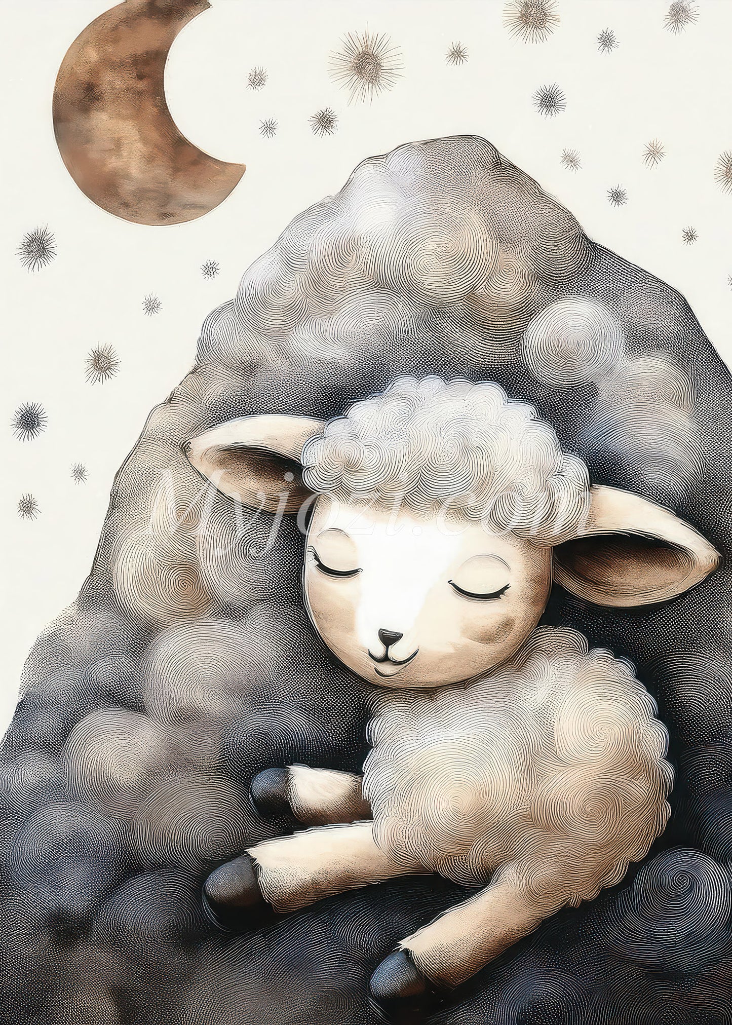 Poster med mjukt illustration av lamm i skandinavisk stil för lugn atmosfär i hemmet