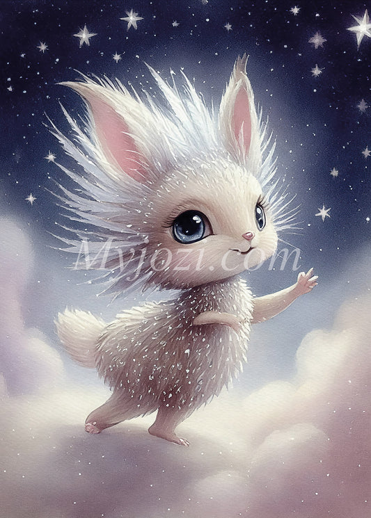 Fantasifull poster med lekfulla fantasivarelser i lila och rosa toner, perfekt för barnrummet.