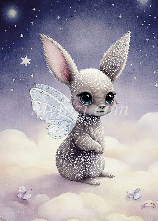 En drömsk poster med mjuka moln och fantasivarelser i rosa och lila toner. Idealisk för barnrummet!