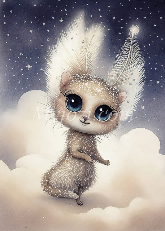 Poster med dansande fantasivarelser bland moln i lila och beige, skapar en drömsk atmosfär. Idealisk