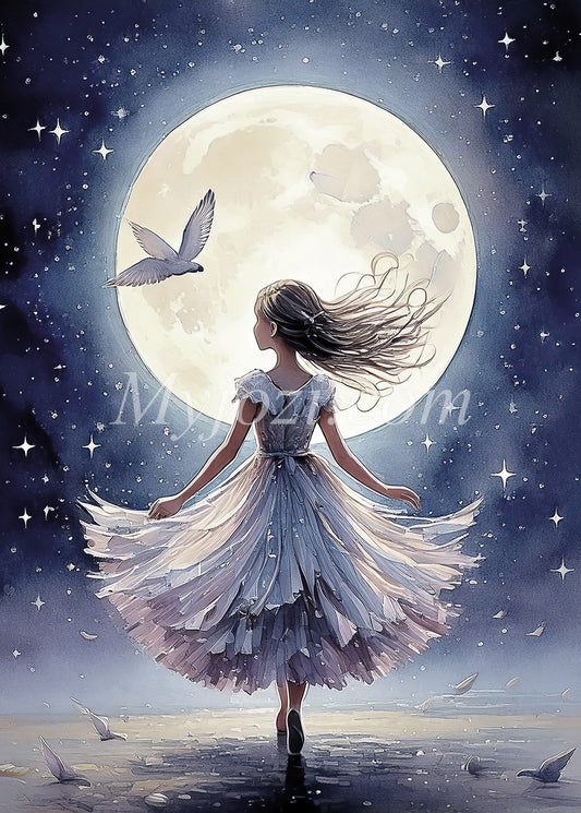 Poster Feliciana Viva - En drömmande flicka bland stjärnorna, perfekt för barnkammaren.