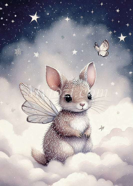 Fantasifull poster med vacker varelse bland moln och stjärnor, skapar harmonisk atmosfär.