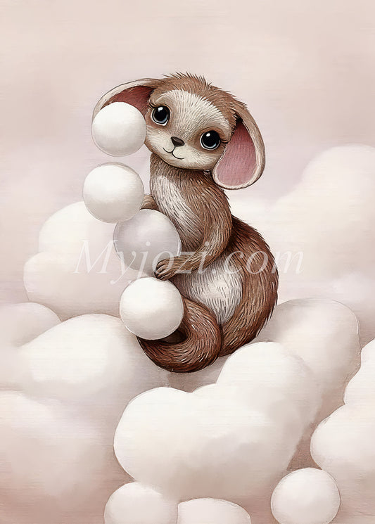 Fantasifull barnposter med vänligt fantasidjur på mjukt moln.