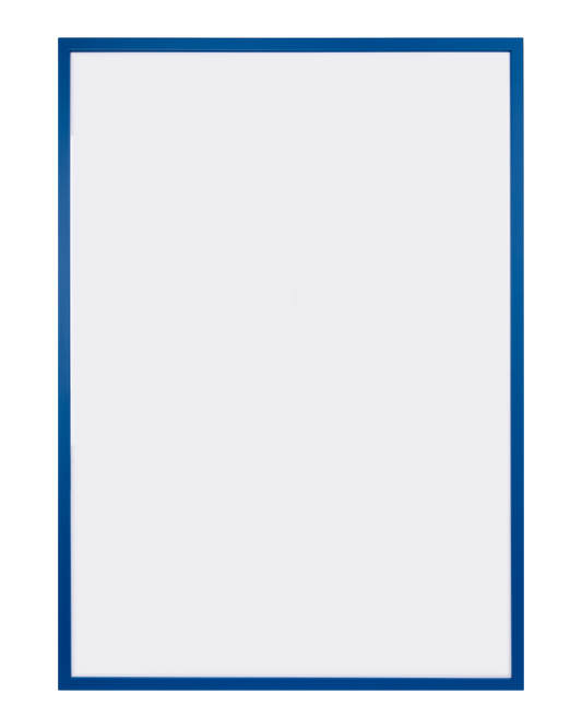 Blå träram för posters och konstverk, elegant design med metallhängare.