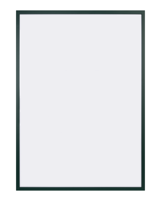 Grön träram för posters och konstverk, två metallhängare för enkel upphängning.