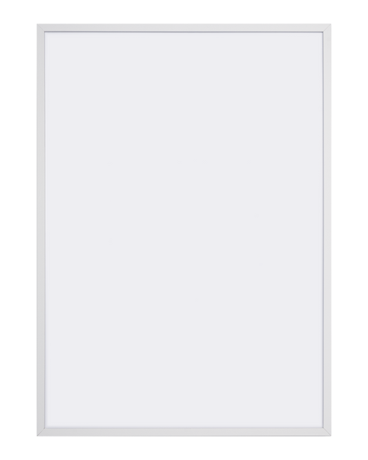 Vit träram för posters och konstverk med metallhängare på baksidan.