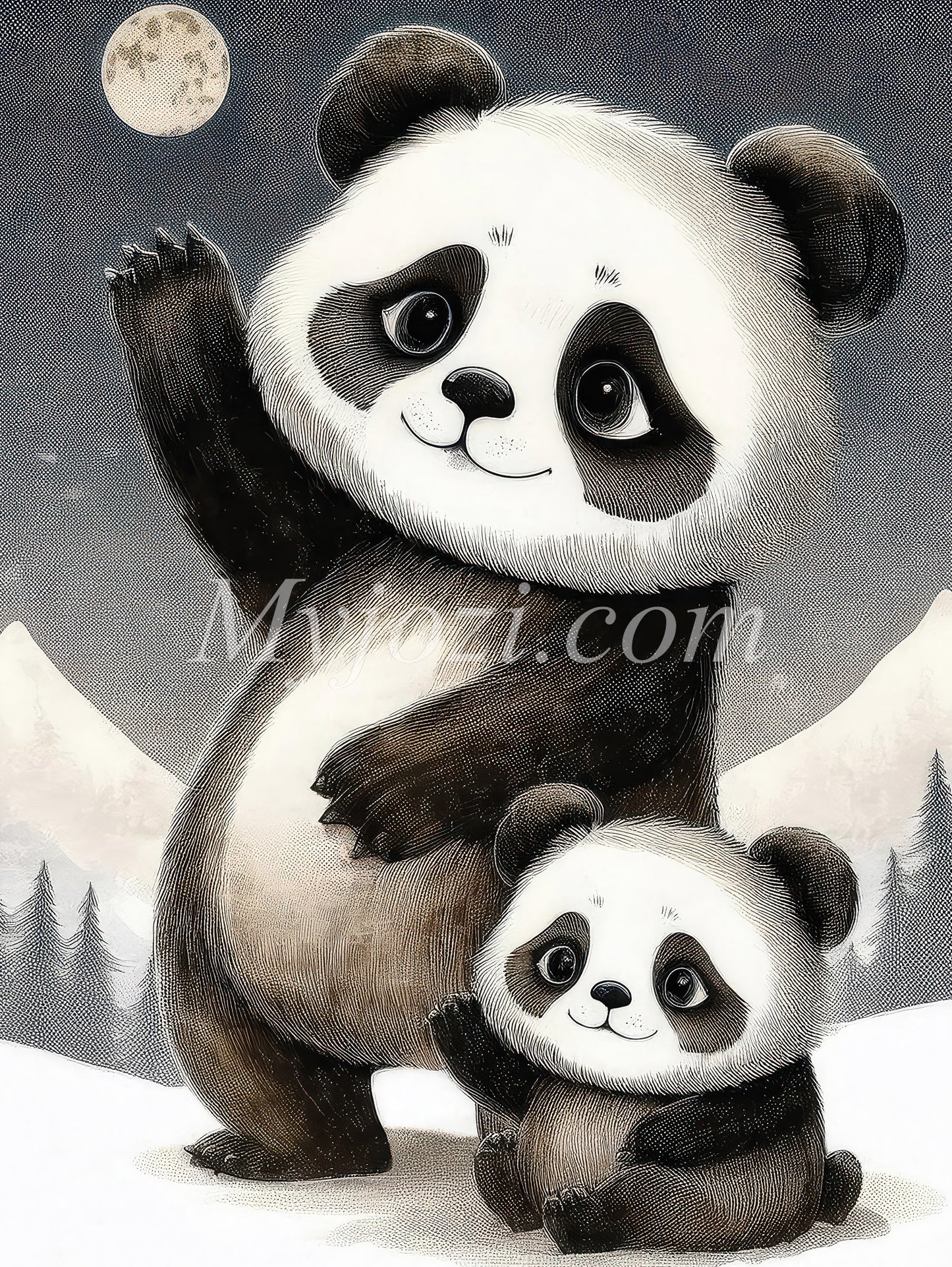 Barnposter Pandafamilj - Pandor i Snö